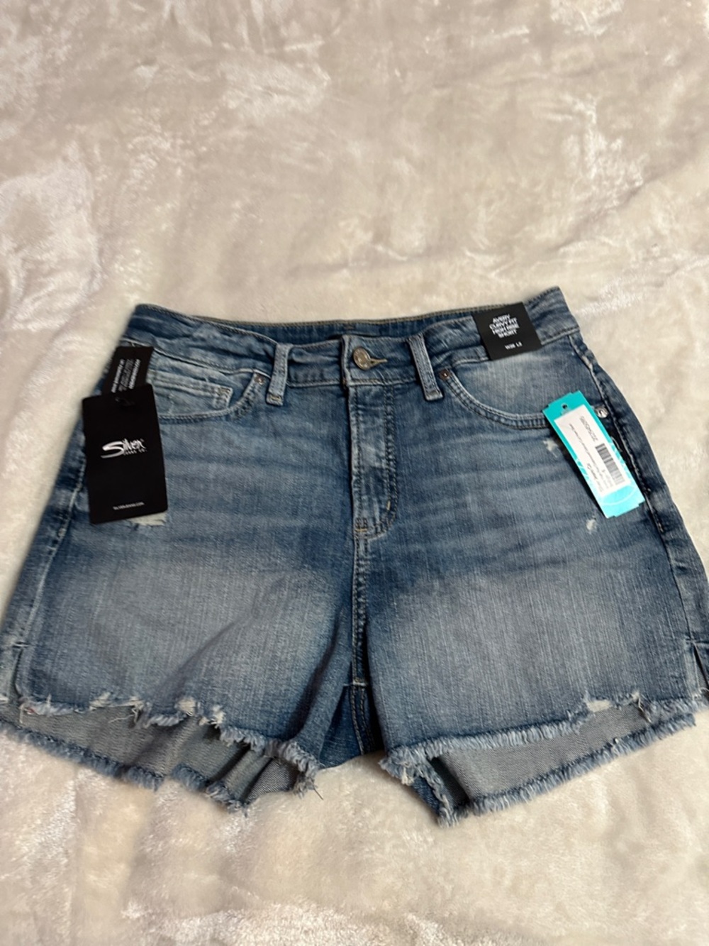 Silver Jeans Mid Blue Distressed Frayed Hem Denim Shorts